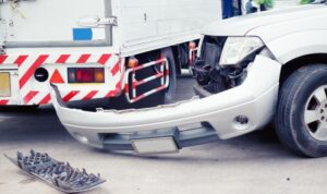 The aftermath of a commercial truck accident with a car concept of Charlotte truck accident lawyer