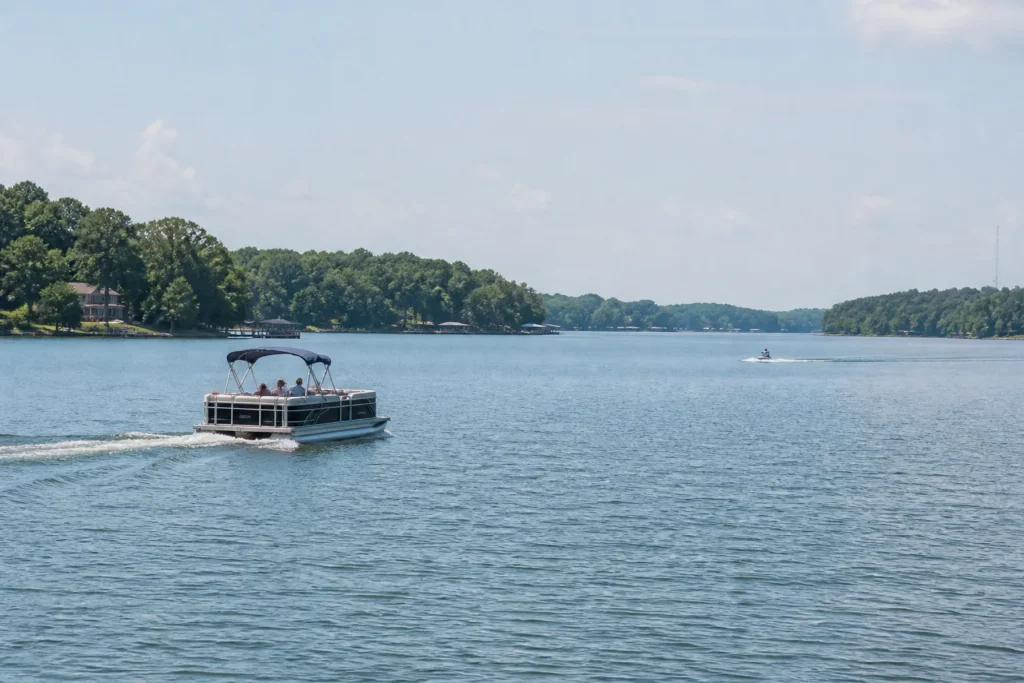 Pontoon boat and personal watercraft traveling at a safe distance on Lake Norman in North Carolina.